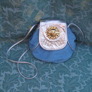 Vintage Denim Crossbody bag with Silver Leather Flap & Sun plaque